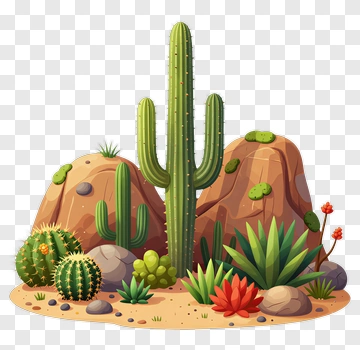 Desert Landscape With Cacti And Rocks PNG