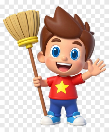 Cartoon Boy Holding A Broom PNG