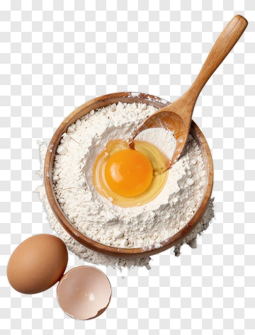 Bowl Of Flour With Cracked Egg And Wooden Spoon PNG