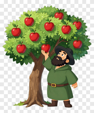 Cartoon Farmer Picking Apples From A Tree PNG