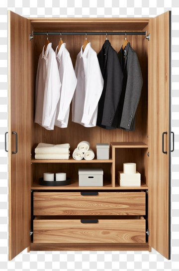 Wooden Wardrobe With Hanging Shirts And Storage PNG
