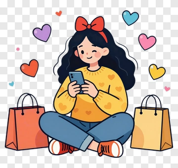 Cartoon Girl Using A Phone Surrounded By Hearts PNG