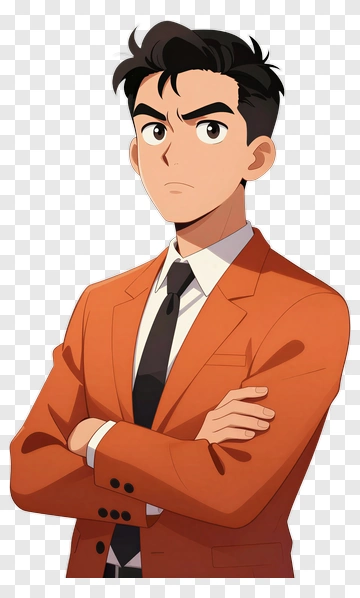 Cartoon Man In Orange Suit With Arms Crossed PNG