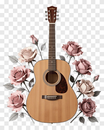Acoustic Guitar Surrounded By Pink Roses PNG