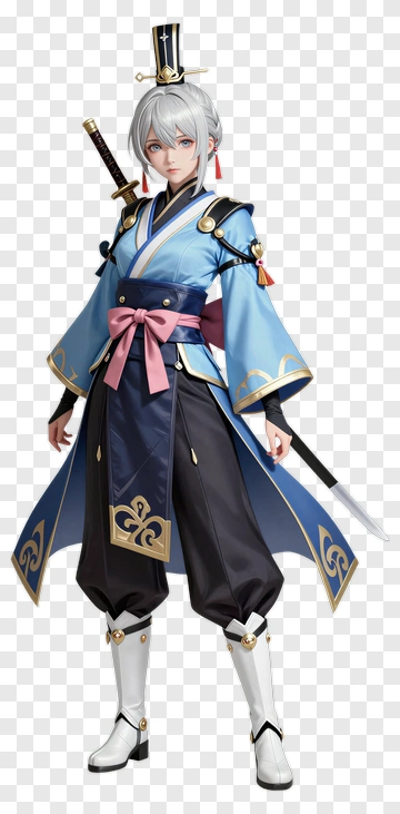 3D Samurai Character In Blue And Black Outfit PNG