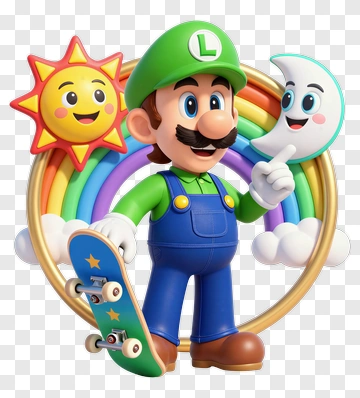 Cartoon Character Holding A Skateboard With Sun And Moon PNG