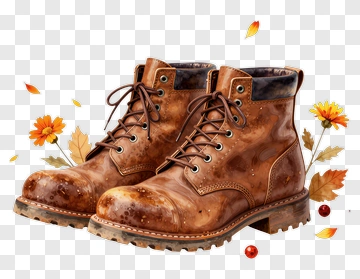 Brown Leather Boots With Autumn Leaves PNG