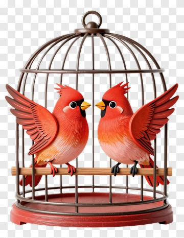 Colorful Cardinal Birds In A Birdcage PNG