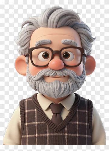 3D Cartoon Man With Glasses And Gray Hair PNG