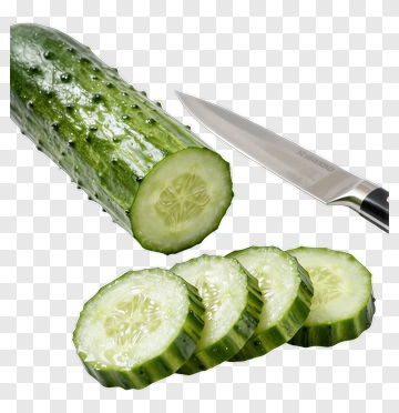 Fresh Cucumber And Sliced Pieces With Knife PNG
