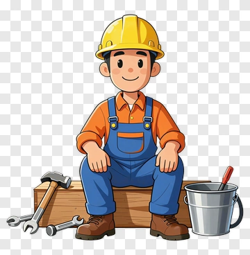 Cartoon Construction Worker Sitting On A Wooden Box PNG