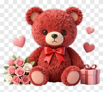 Cute Red Teddy Bear With Flowers And Gift Box PNG