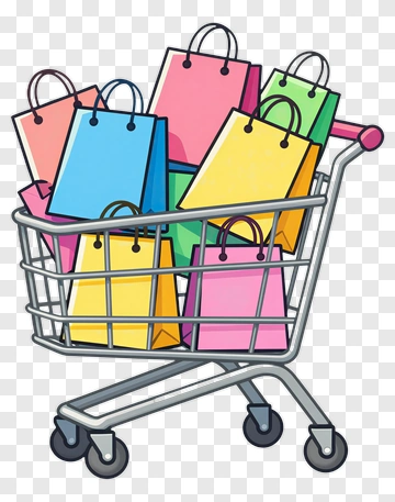 Shopping Cart Filled With Colorful Bags PNG