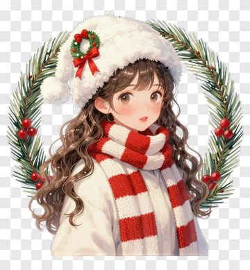 Girl In Winter Hat And Scarf With Holiday Wreath PNG