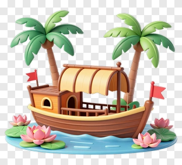 Cartoon Boat Surrounded By Palm Trees And Water Lilies PNG