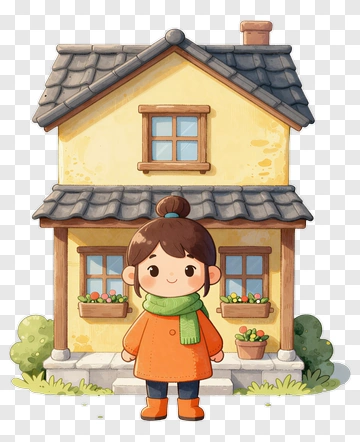 Cartoon Girl Standing In Front Of A House PNG