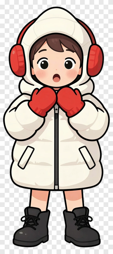 Cartoon Child In Winter Coat With Red Mittens PNG