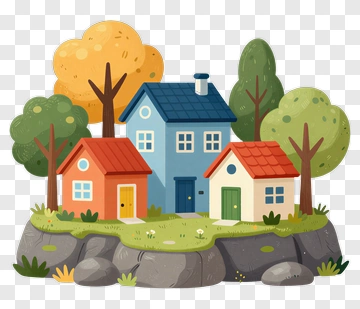 Colorful Houses Surrounded By Trees PNG