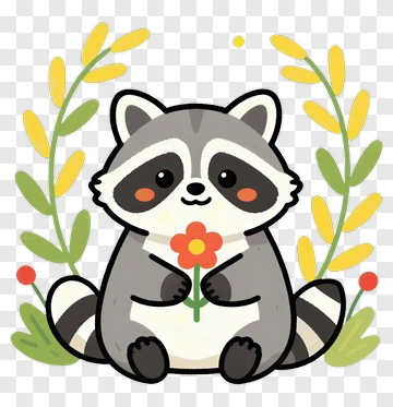 Cute Cartoon Raccoon Holding A Flower PNG
