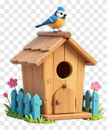 Cartoon Birdhouse With Bluebird And Flowers PNG