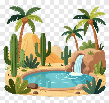 Desert Oasis With Palm Trees And Waterfall PNG