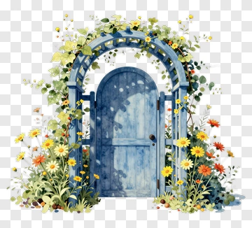 Blue Garden Gate Surrounded By Colorful Flowers PNG