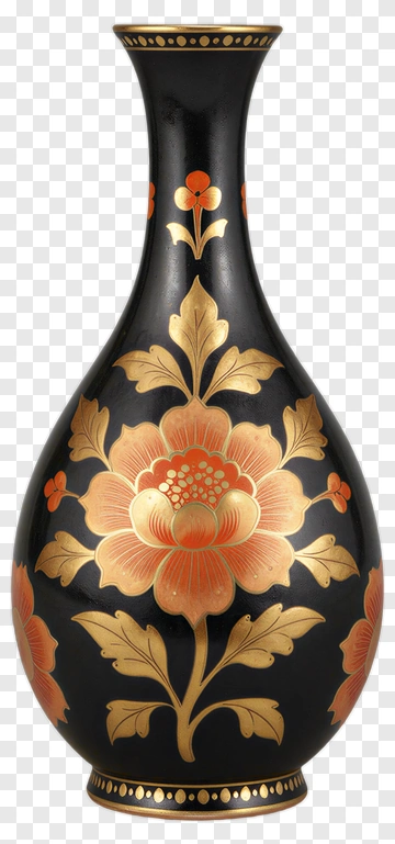 Decorative Black Vase With Floral Design PNG