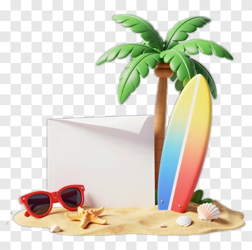 Beach Scene With Surfboard And Sunglasses PNG