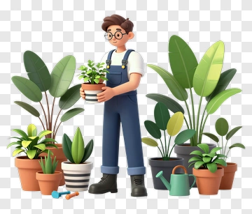 3D Gardener Holding A Potted Plant PNG