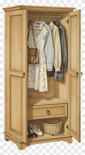 Wooden Wardrobe With Clothes And Accessories PNG