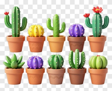 Colorful Cacti In Flower Pots PNG
