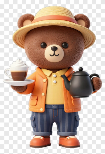 3D Bear Holding A Teapot And Coffee Cup PNG