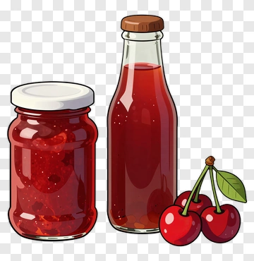 Jar Of Cherry Jam And Bottle Of Cherry Syrup PNG
