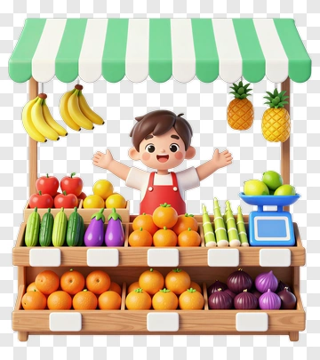 Cartoon Fruit And Vegetable Stand With Happy Vendor PNG