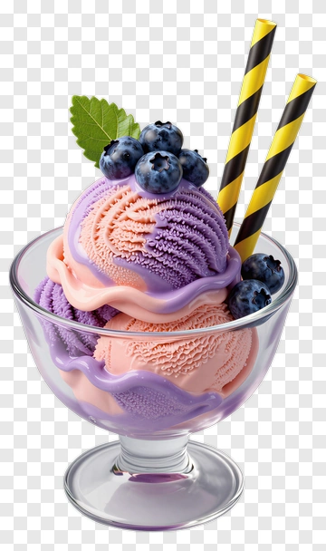 Ice Cream Sundae With Blueberries And Striped Straws PNG