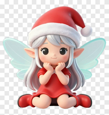 Cartoon Christmas Fairy Sitting With A Red Dress PNG