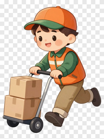 Cartoon Delivery Worker Pushing A Hand Truck With Boxes PNG