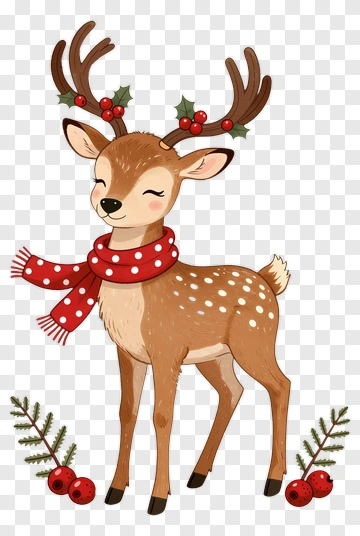 Cartoon Reindeer With Holiday Scarf And Berries PNG