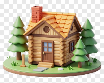 3D Log Cabin Surrounded By Trees PNG