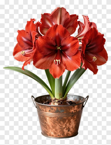 Red Amaryllis Flowers In Copper Pot PNG