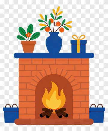 Colorful Fireplace With Plants And Gift Box PNG
