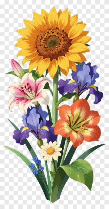 Colorful Flower Bouquet With Sunflower And Lilies PNG