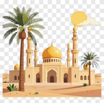 Desert Mosque With Palm Trees And Sun PNG