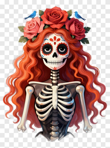 Colorful Skeleton Woman With Floral Crown PNG