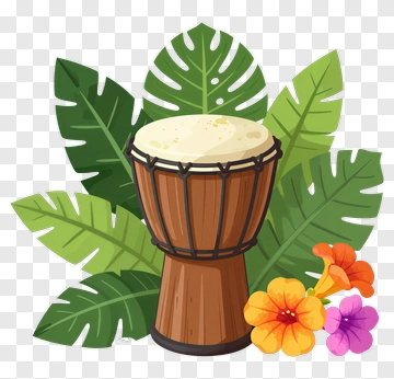 Wooden Drum Surrounded By Tropical Leaves And Flowers PNG