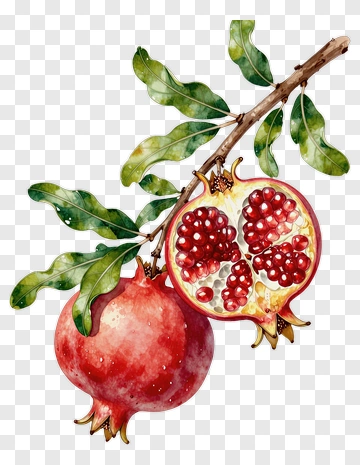 Watercolor Pomegranate With Leaves PNG