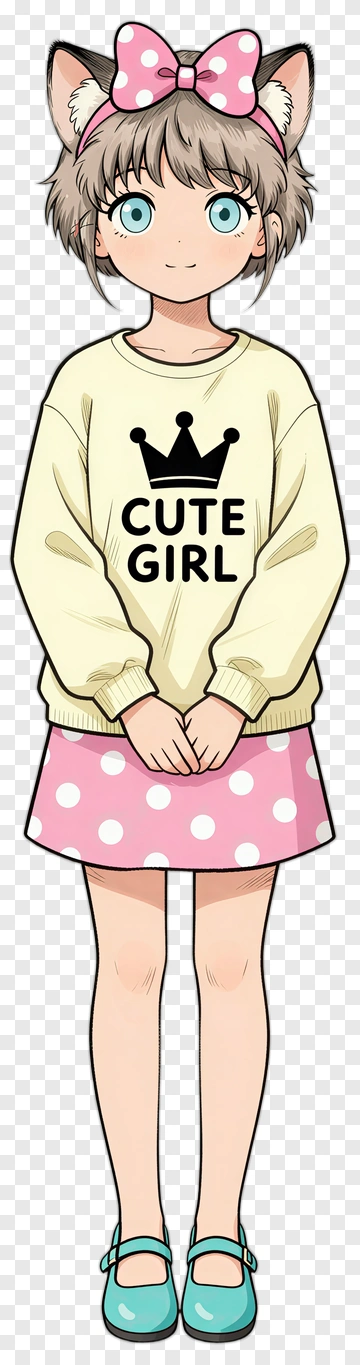 Cute Girl With Cat Ears Wearing A Polka Dot Skirt PNG