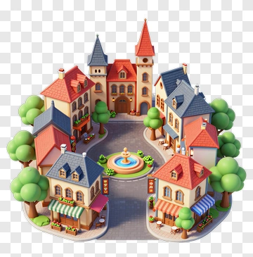 Colorful Town Square With Fountain And Shops PNG