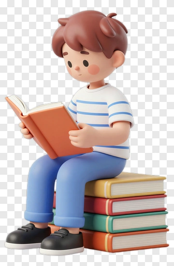 3D Boy Reading A Book On A Stack Of Books PNG