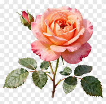 Peach Rose With Bud And Green Leaves PNG